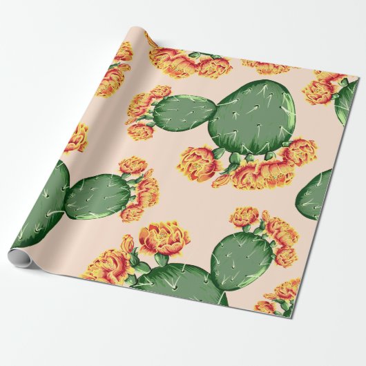 Trendy Bohemian Prickly Pear Cactus & Bloemen Cadeaupapier (Uitgerold)