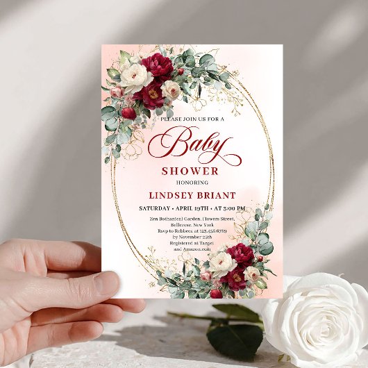 Trendy Boho Burgundy Peony Baby Shower Invitation