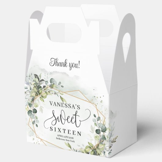 Trendy boho eucalyptus groen goud 16e verjaardag bedankdoosjes (Geopend)