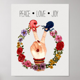Trendy Boho Floral Octopus Peace Sign Waterverf Poster