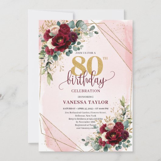 Trendy Boho Marsala Gouden Bloemen 80ste Verjaarda Kaart (Voorkant)