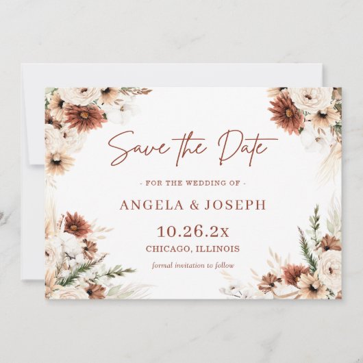 Trendy Boho Pampas Grass Floral Terracotta Save The Date (Voorkant)