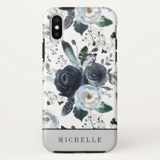 Trendy Boho veren en blauwe bloemen monogram iPhone XS Hoesje