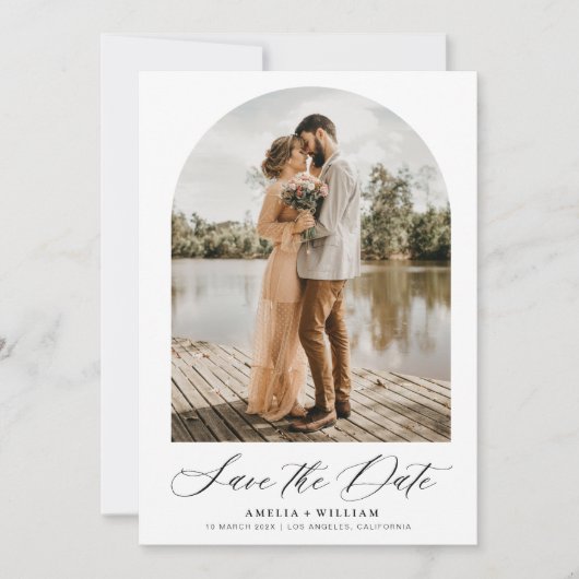 Trendy boog foto Modern script bruiloft Save The Date (Voorkant)