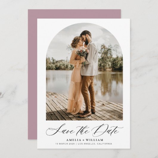 Trendy boog foto Modern script bruiloft Save The Date (Voorkant / Achterkant)