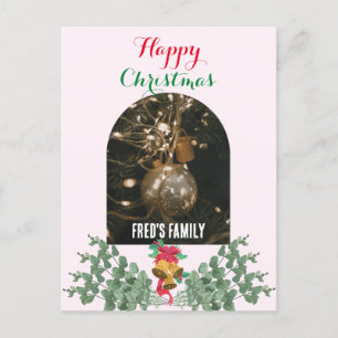 Trendy boog foto vrolijk kerst gebladerte roze feestdagenkaart