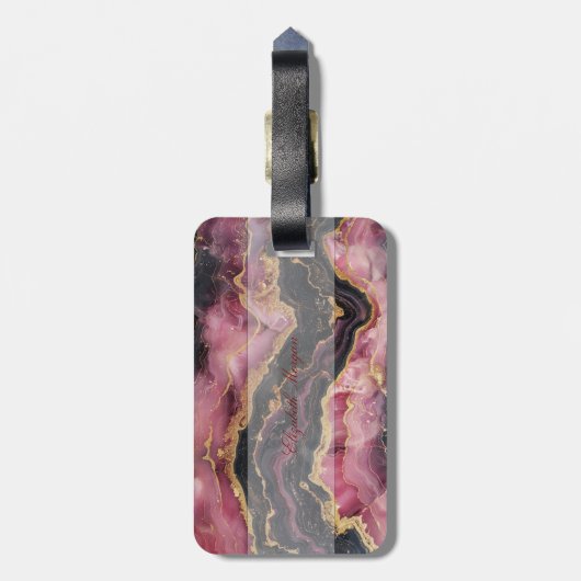 Trendy Bourgondische steen marmeren textuur, monog Bagagelabel (Achterkant verticaal)