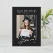 Trendy Bow Ribbon Zwart & Wit Foto Afstuderen Kaart (Staand voorkant)