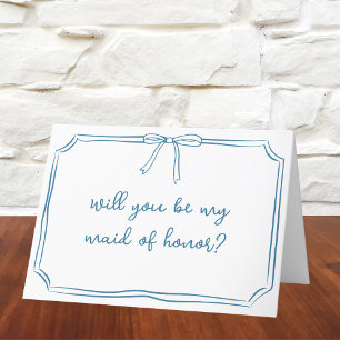 Trendy Bow Stof Blauw Bruidsmeisje Voorstelkaart Bedankkaart