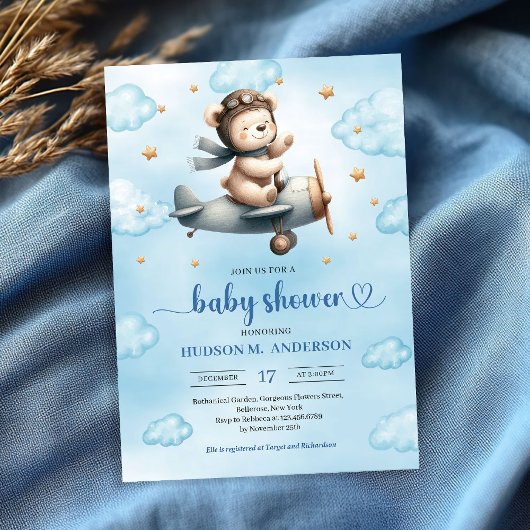 Trendy Boy Shower Teddy Bear Pilot Blue Brown Kaart