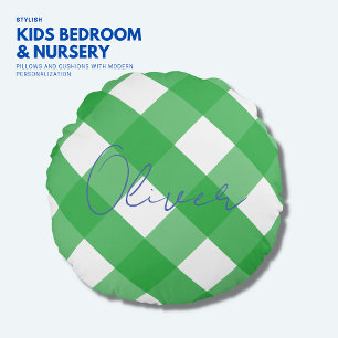 Trendy Boys Blue en Green Gingham Monogram Pillow Rond Kussen