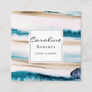 Trendy Brushstrokes Waterverven Elegant Blue Gold Vierkante Visitekaartje