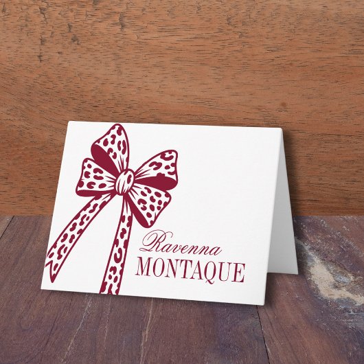 Trendy Burgundy Leopard Bow Handwritten Name Party