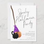 Trendy Cat Broomstick Spooky Halloween Party Kaart (Voorkant)