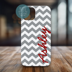 Trendy Chevron Pattern met naam - rood grijs Case-Mate iPhone 14 Hoesje
