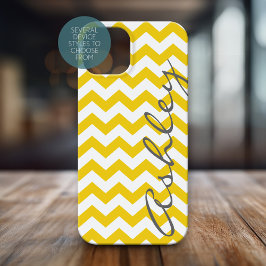Trendy Chevron Pattern met naam - yellow grijy Case-Mate iPhone 14 Hoesje