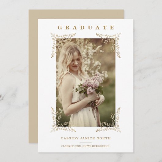 Trendy Chic Golden Lace Romantic Afstuderen Foto Kaart (Voorkant / Achterkant)