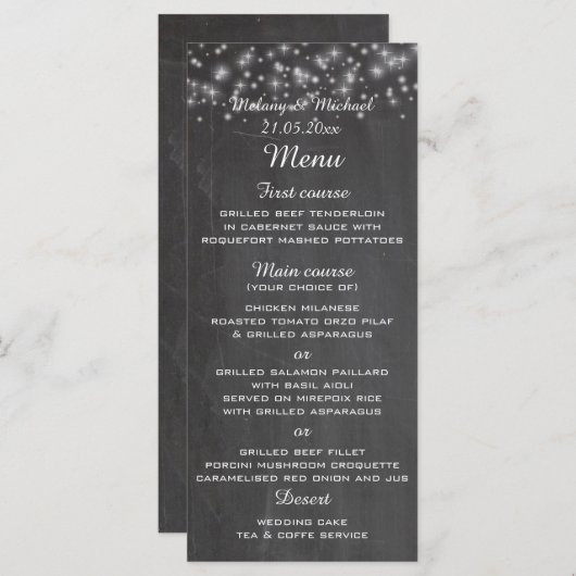 Trendy chic sparkles chalkboard trouwmenu menu (Voorkant / Achterkant)