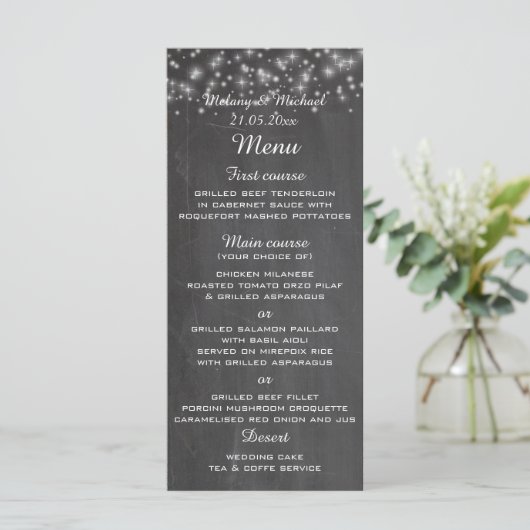 Trendy chic sparkles chalkboard trouwmenu menu (Staand voorkant)