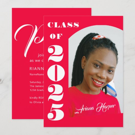 Trendy Chic White Script Roze Graduation Party Kaart (Voorkant / Achterkant)