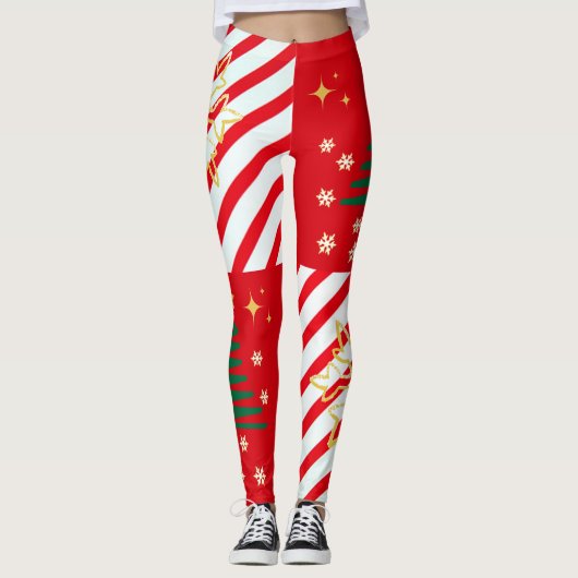 Trendy Christmas Candy Cane Rood Wit Strepen Leggings (Voorkant)