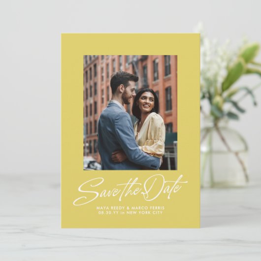 Trendy citrus yellow stylish script two photo save the date (Staand voorkant)