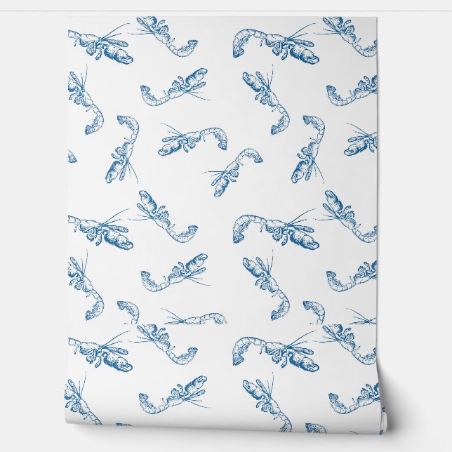 Trendy Coastal Esthetische Indigo Blauwe Garnalen  Behang (Afrollen)