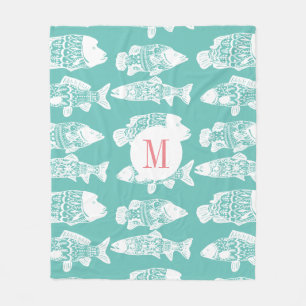 Trendy Coastal White Floral Fish   Monogram Fleece Deken