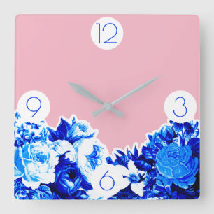 Trendy Cobalt Blue Flowers & Blush Pink Vierkante Klok