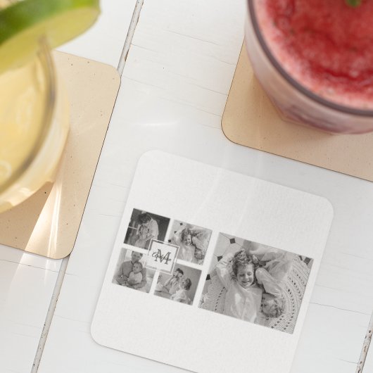 Trendy Collage Familie Foto zwart-wit Initiaal Vierkante Kartonnen Onderzetter