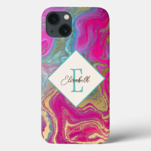 Trendy Colorful Marble, Monogram iPhone 13 Hoesje