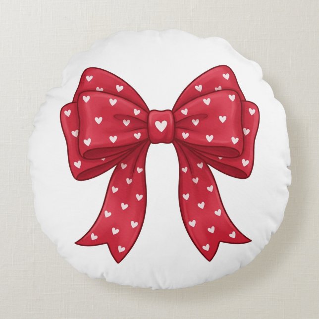 Trendy Coquette Red Ribbon Bow with White Hearts Rond Kussen (Voorkant)