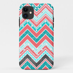 Trendy Coral, Mint, White en Black Chevron iPhone 11 Hoesje