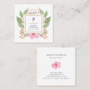 Trendy Cute Waterverf Pink Flowers Monogram Vierkante Visitekaartje