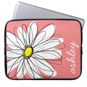 Trendy Daisy Floral Illustration - koraal & geel Laptop Sleeve