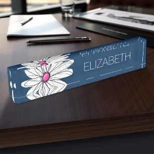 Trendy Daisy Floral Illustration - marine en roze Naambordje
