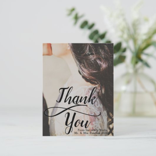 Trendy dank u zwart script foto bruiloft briefkaart (Staand voorkant)