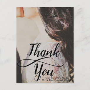 Trendy dank u zwart script foto bruiloft briefkaart
