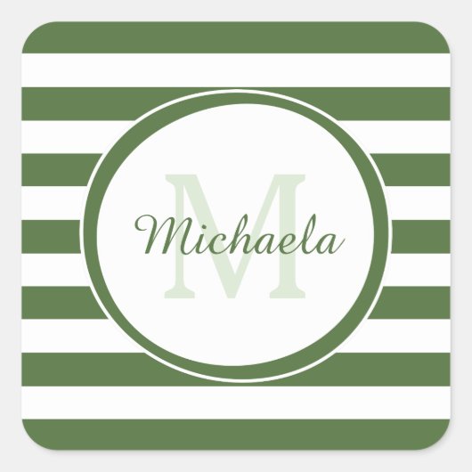 Trendy Dark Green Awning Stripes Monogram en naam Vierkante Sticker (Voorkant)