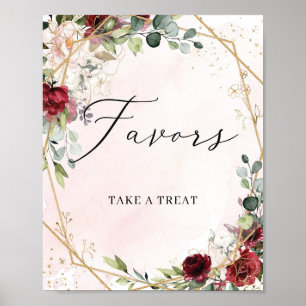 Trendy deep red merlot floral gold favors sign poster