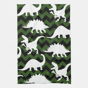 Trendy Dinosaur Silhouettes & Green Chevrons Theedoek
