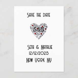 Trendy doodle liefdeshart bewaar de datum briefkaart