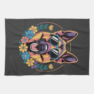 Trendy Duitse Herder in bloemstijl Theedoek