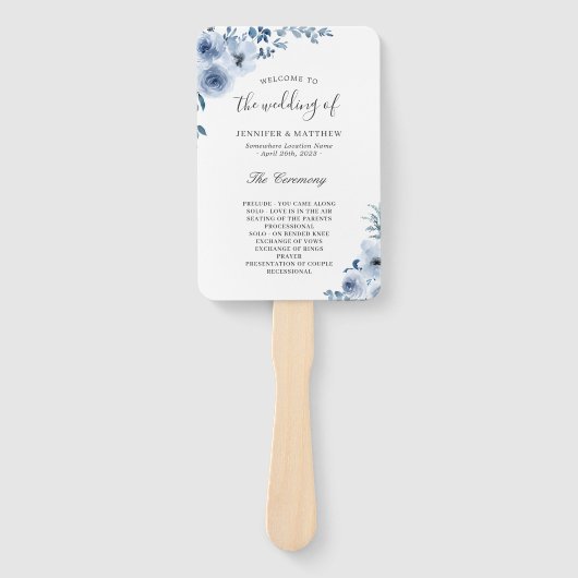 Trendy Dusty Blue Bohemian Floral Wedding Program Handwaaier (Voorkant)