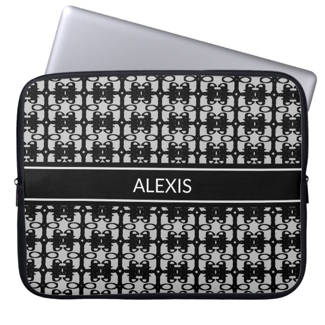 Trendy Editable Black & Silver Abstract Patroon Laptop Sleeve (Voorkant)