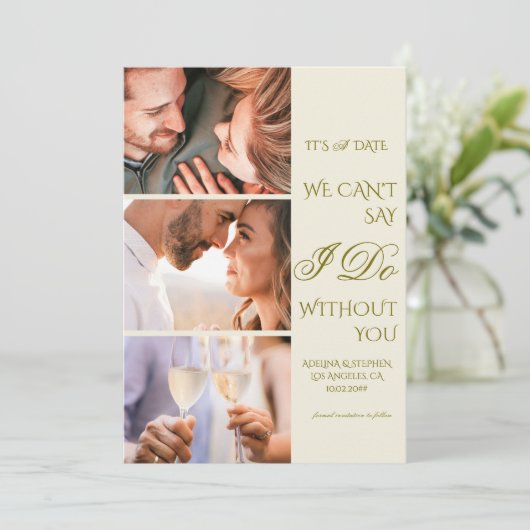 Trendy Eenvoudig Script Drie Fotogalerij QR CODE Save The Date (Staand voorkant)