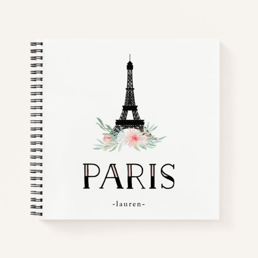 Trendy Eiffel Tower en Blush Pink Flowers | Parijs Notitieboek (Voorkant)