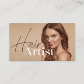 Trendy Elegant Biege Haarstylist Fotoscript Visitekaartje (Voorkant)
