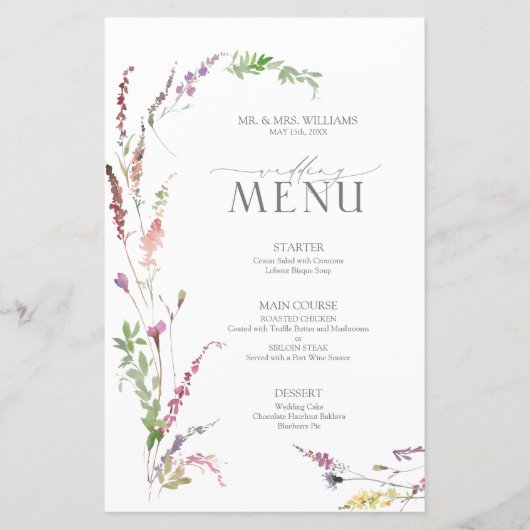 Trendy Elegant Wildflower Floral Wedding Menu (Voorkant)