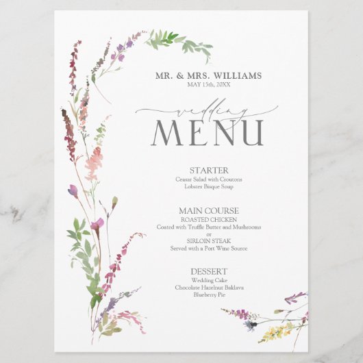 Trendy Elegant Wildflower Floral Wedding Menu (Voorkant)